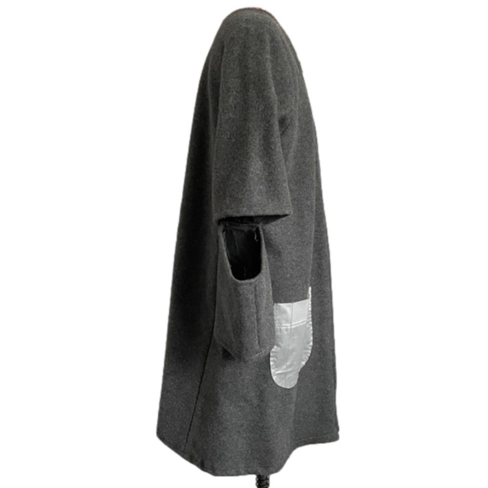 Handmade Gray Wool Elbow Cut-Out Embroidered Mid-Length Coat - 6/8, M, OOAK! - Picture 7 of 14